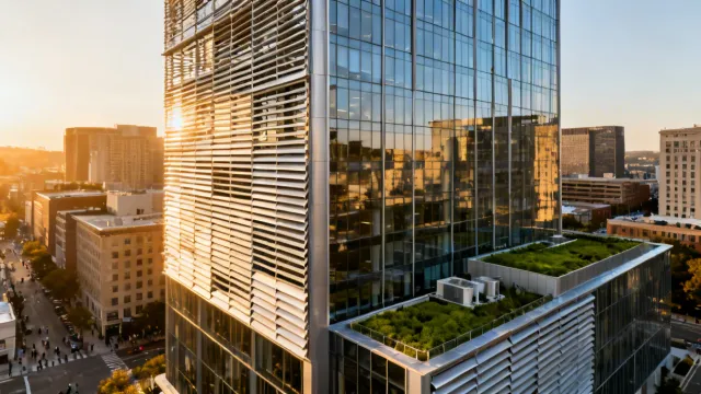 Construction Specialties sun control products on commercial office tower