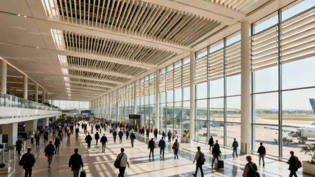 Construction Specialties louver and sun control systems in airport terminal
